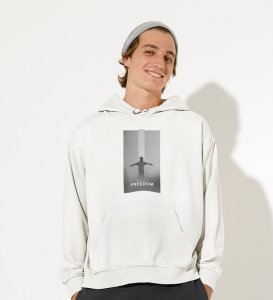 Unspoken Freedom, Dynamic Impressions:White Men's Trendy Round Neck Hoodies with Front Print
