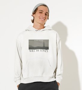 Forsaken, Artistry in Motion:White Trendy Front Printed Round Neck Hoodie for Men