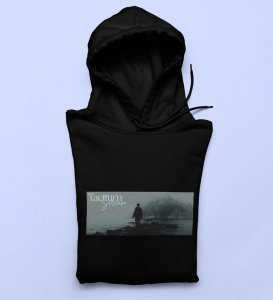 Taciturnity, Graphic Harmony:Black Modern Front Printed Round Neck Hoodies for Men