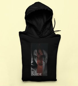 Devilish, City Pulse: ExploreBlack Trendy Front Print Hoodies - Men's Street Style