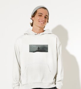 Taciturnity, Graphic Harmony:White Modern Front Printed Round Neck Hoodie for Men