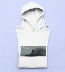 Taciturnity, Graphic Harmony:White Modern Front Printed Round Neck Hoodie for Men