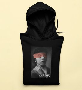 Pacifist Society, Urban Legend Series:Black Men's Oversized Round Neck Hoodies with Front Print