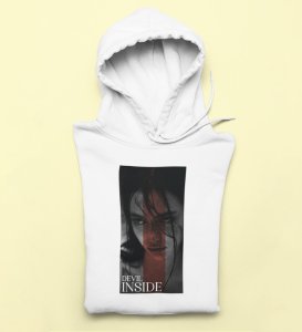 Devilish, City Pulse: ExploreWhite Trendy Front Print Hoodie - Men's Street Style