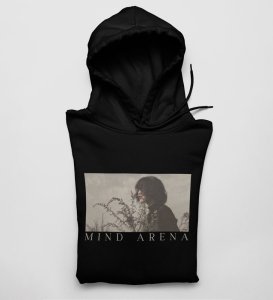 Mind Arena, Casual Couture:Black Front Printed Round Neck Hoodies - Men's Contemporary Style