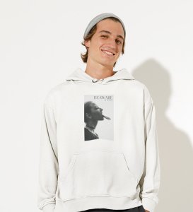 Untold Enigma,White Metro Fusion: Men's Oversized Hoodie featuring Front Print Detail