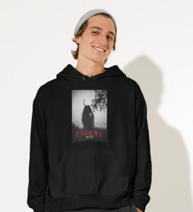 Devil's Body, Street Fusion:Black Trendy Front Print Round Neck Hoodies - Men's Edition