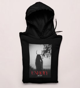Devil's Body, Street Fusion:Black Trendy Front Print Round Neck Hoodies - Men's Edition