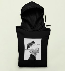 Agony Of Mind,(brand) Black Street Vibe: Front Printed Round Neck Hoodies - Men's Urban Statement