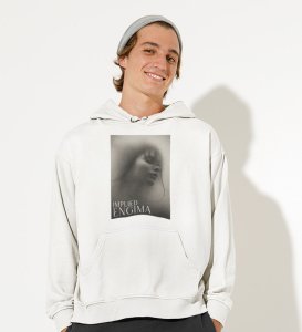 Mesmerized, Modern Maverick:White Signature Front Graphic Oversized Hoodie for Men
