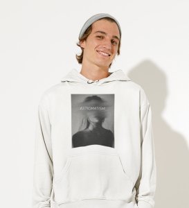 Worthless Life, Cityscape Elegance:White Men's Oversized Hoodie with Captivating Front Graphic