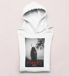 Agony Of Mind,(brand) White Street Vibe: Front Printed Round Neck Hoodie - Men's Urban Statement
