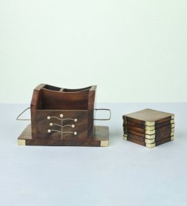 Hand Crafted Wooden Pen Holder With Coaster Holder For Tea And Coffee Set of 5