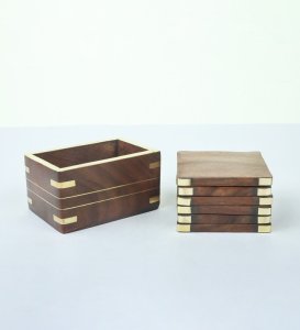 Best Wooden Handcrafted Square Coasters With Rectangle Wooden Case, For Beverages On Table- Set Of 5