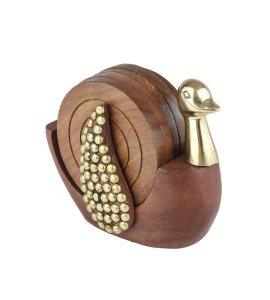 Wooden Round Coasters With Wooden Swan Holder,For Beverages On Table- Set Of 5