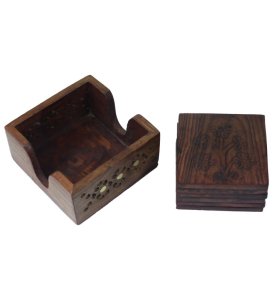 Unique Handcrafted Wooden Square Coasters With Wooden Case, For Beverages On Table- Set Of 5
