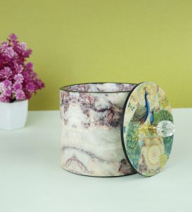 Hand Crafted White Minakari Multi Utility Storage Pin On Tin Jar For Kitchen