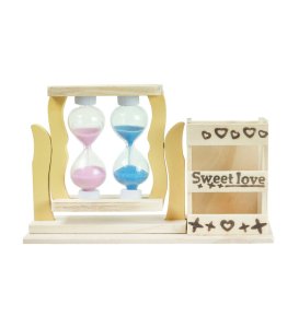 Wooden Twin Sand Hour Glass Timer Dual Pen Pencil Stand, Multi purpose Holder