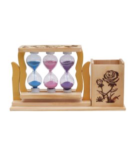 Multi-Colour Wooden Three Hourglass Timer Pen Stand/Pencil Stand for Office Decorative Showpiece