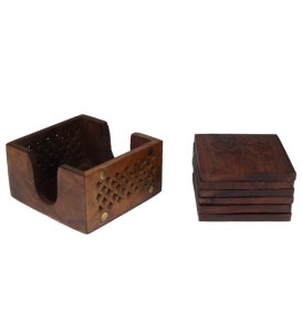 Handcrafted Wooden Square Coasters With Wooden Case, For Beverages On Table- Set Of 5