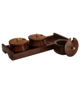 Handmade Wooden 3 Bowls Tray Set for Dining Table: for Pickles, Oils, Spices, Nuts or Mints.