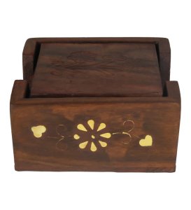 Best Wooden Handcrafted Square Coasters With Wooden Case, For Beverages On Table- Set Of 5