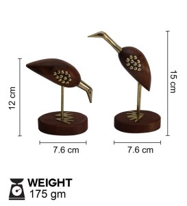 Handcrafted Wooden and Brass, Small Antique Decorative Crane Love Birds Showpiece Home Decor - Set of 2