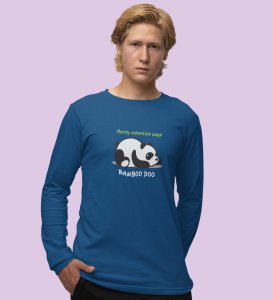 Panda Wants Bamboo: Attractive Printed (blue) Full Sleeve T-Shirt For Singles