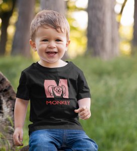 Monkey Love, Boys Cotton Text Print Tshirt (black)