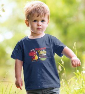 Baseballer Dino, Boys Round Neck Blended Cotton T-shirt (Navy Blue)
