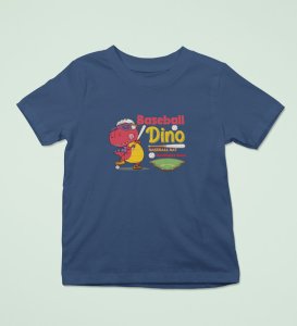 Baseballer Dino, Boys Round Neck Blended Cotton T-shirt (Navy Blue)
