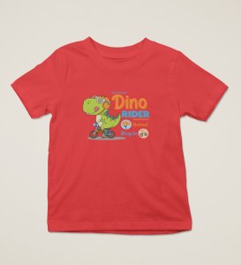 Dino Rider, Boys Round Neck Printed Blended Cotton T-shirt (Red)