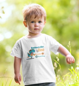 Basketballer Dino, Printed Cotton Tshirt (White) for Boys