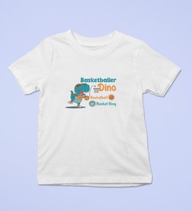 Basketballer Dino, Printed Cotton Tshirt (White) for Boys