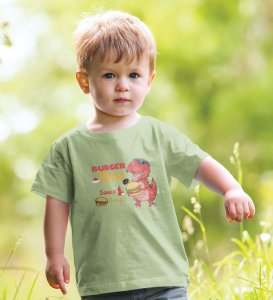Foodie Dino, Boys Cotton Text Print T-shirt (olive green)