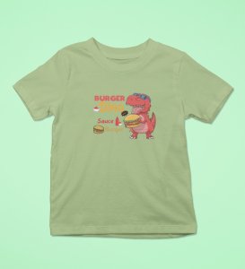 Foodie Dino, Boys Cotton Text Print T-shirt (olive green)