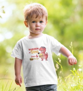 Foodie Dino, Boys Cotton Text Print Tshirt (White)