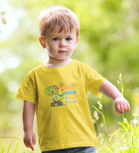 Dino Rider, Boys Round Neck Printed Blended Cotton Tshirt (Yellow)