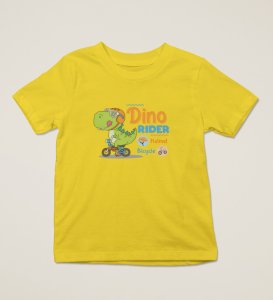 Dino Rider, Boys Round Neck Printed Blended Cotton Tshirt (Yellow)