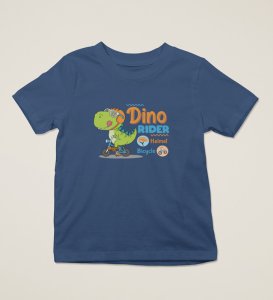 Dino Rider, Boys Round Neck Printed Blended Cotton T-shirt (Navy Blue)
