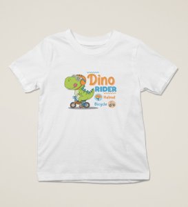 Dino Rider, Boys Round Neck Printed Blended Cotton Tshirt (White)