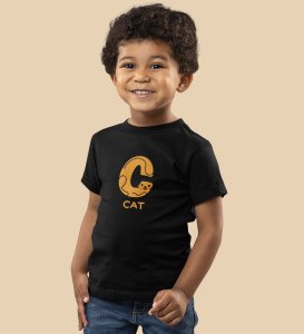 Cute cat, Boys Cotton Text Print Tshirt (Black)
