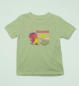 Baseballer Dino, Boys Round Neck Blended Cotton Tshirt