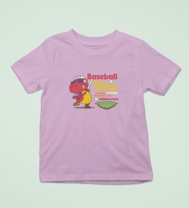 Baseballer Dino, Boys Round Neck Blended Cotton Tshirt