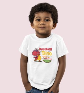 Baseballer Dino, Boys Round Neck Blended Cotton Tshirt