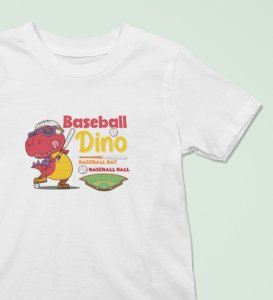 Baseballer Dino, Boys Round Neck Blended Cotton Tshirt