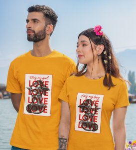He's My Boy/She's My Girl Printed Couple (Yellow) T-shirts For Couples