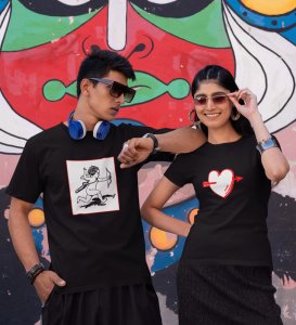 Cupid Hitting Arrow, Printed (Black) T-Shirts For Couples