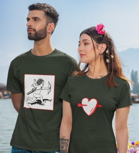 Cupid Hitting Arrow, Printed (green) T-shirts For Couples