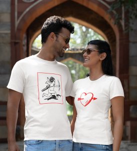 Cupid Hitting Arrow, Printed (White) T-shirts For Couples